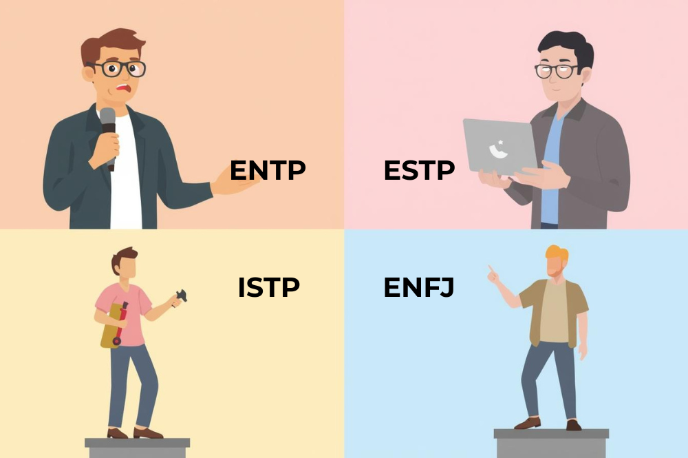 ENTP（討論者）・ESTP（起業家）・ISTP（巨匠）・ENFJ（主人公）の4種類のMBTIを表すそれぞれのイラスト画像