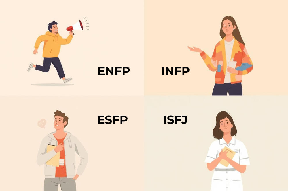 ENFP（運動家）・INFP（仲介者）・ESFP（エンターテイナー）・ISFJ（擁護者）の4種類のMBTIを表すそれぞれのイラスト画像