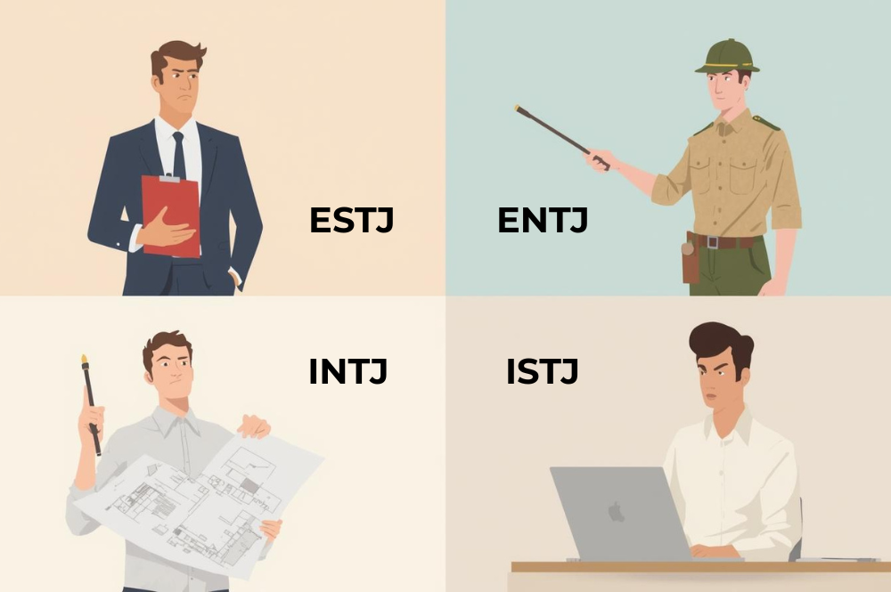 ESTJ（幹部）・ENTJ（指揮官）・INTJ（建築家）・ISTJ（管理者）の4種類のMBTIを表すそれぞれのイラスト画像