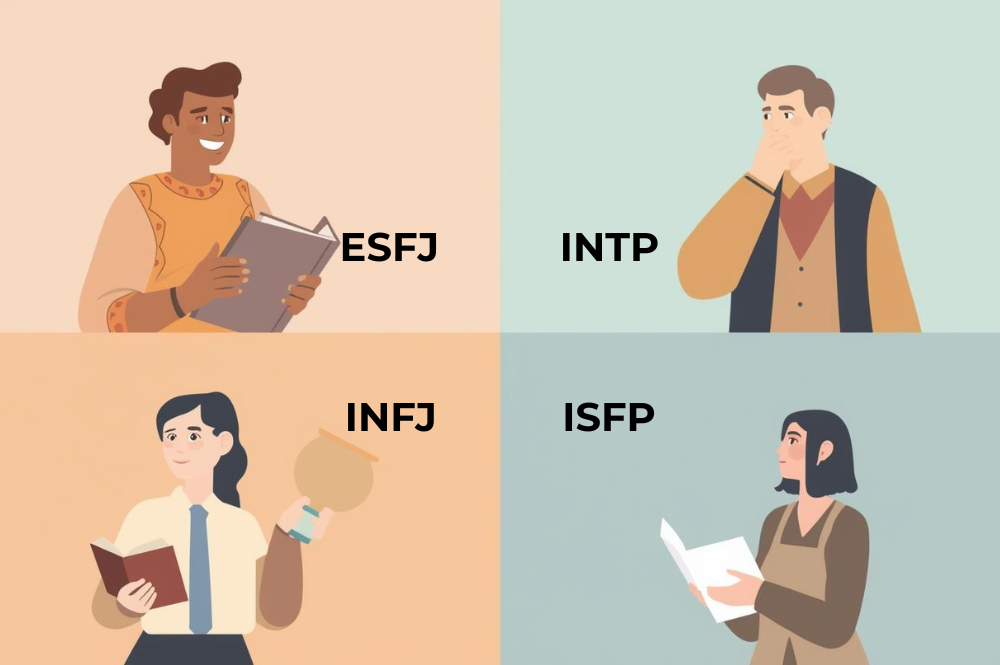 ESFJ（領事官）・INTP（論理学者）・INFJ（提唱者）・ISFP（冒険家）の4種類のMBTIを表すそれぞれのイラスト画像