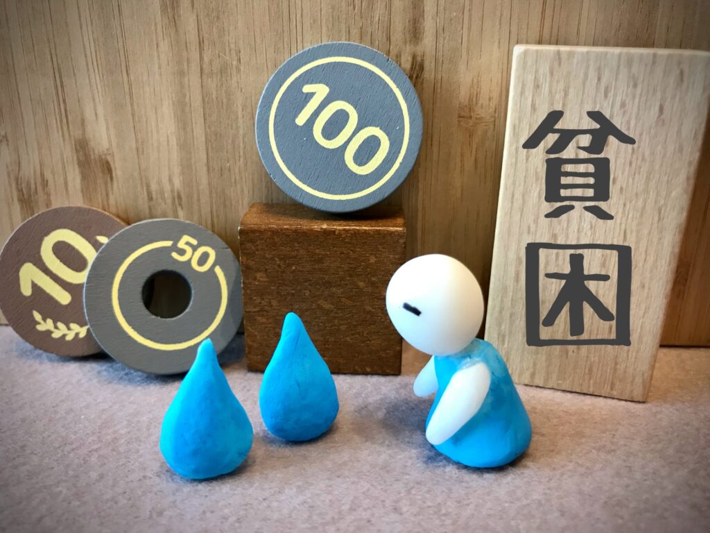 困っている人形と硬貨、貧困の文字